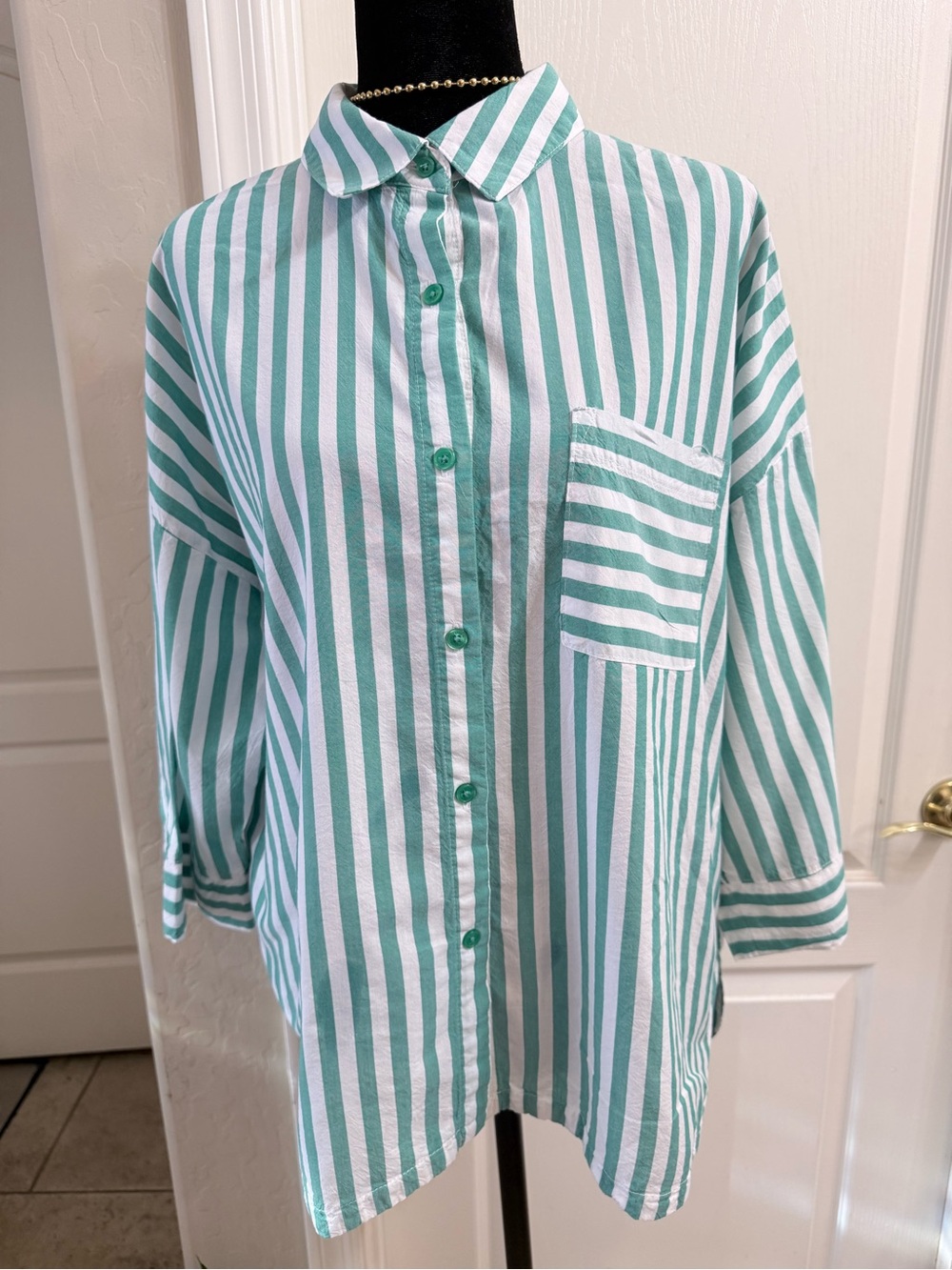 Striped Green & White Button-Front Oversized Top